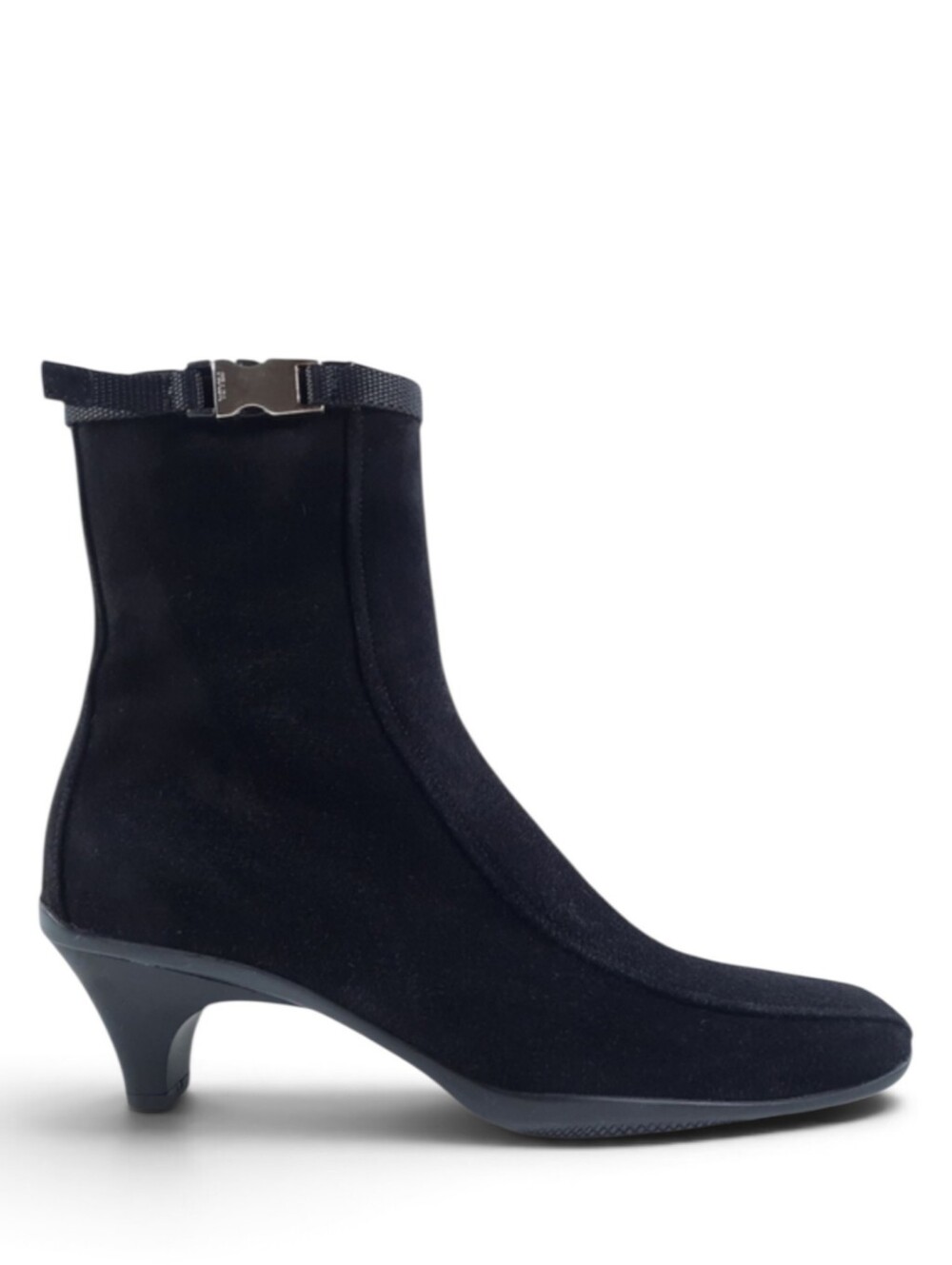 PRADA Suede Boots Low Heel Square Buckle Zip Italy Silver Black